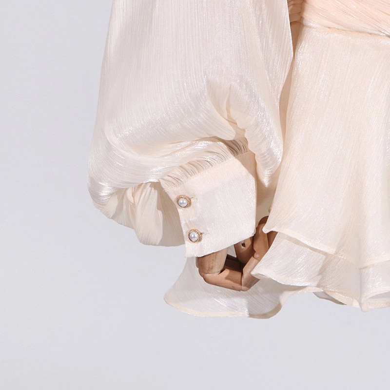 Beige Sheer Puffed - Sleeve Blouse